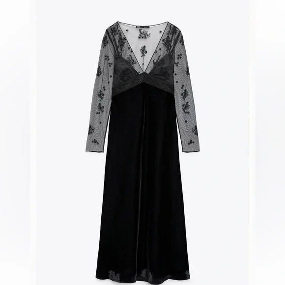 Zara | Dresses | Zara Nwt Velvet Trim Midi Dress With Sheer Sleeves | Poshmark Zara | Dresses | Zara Nwt Velvet Trim Midi Dress With Sheer Sleeves | Poshmark